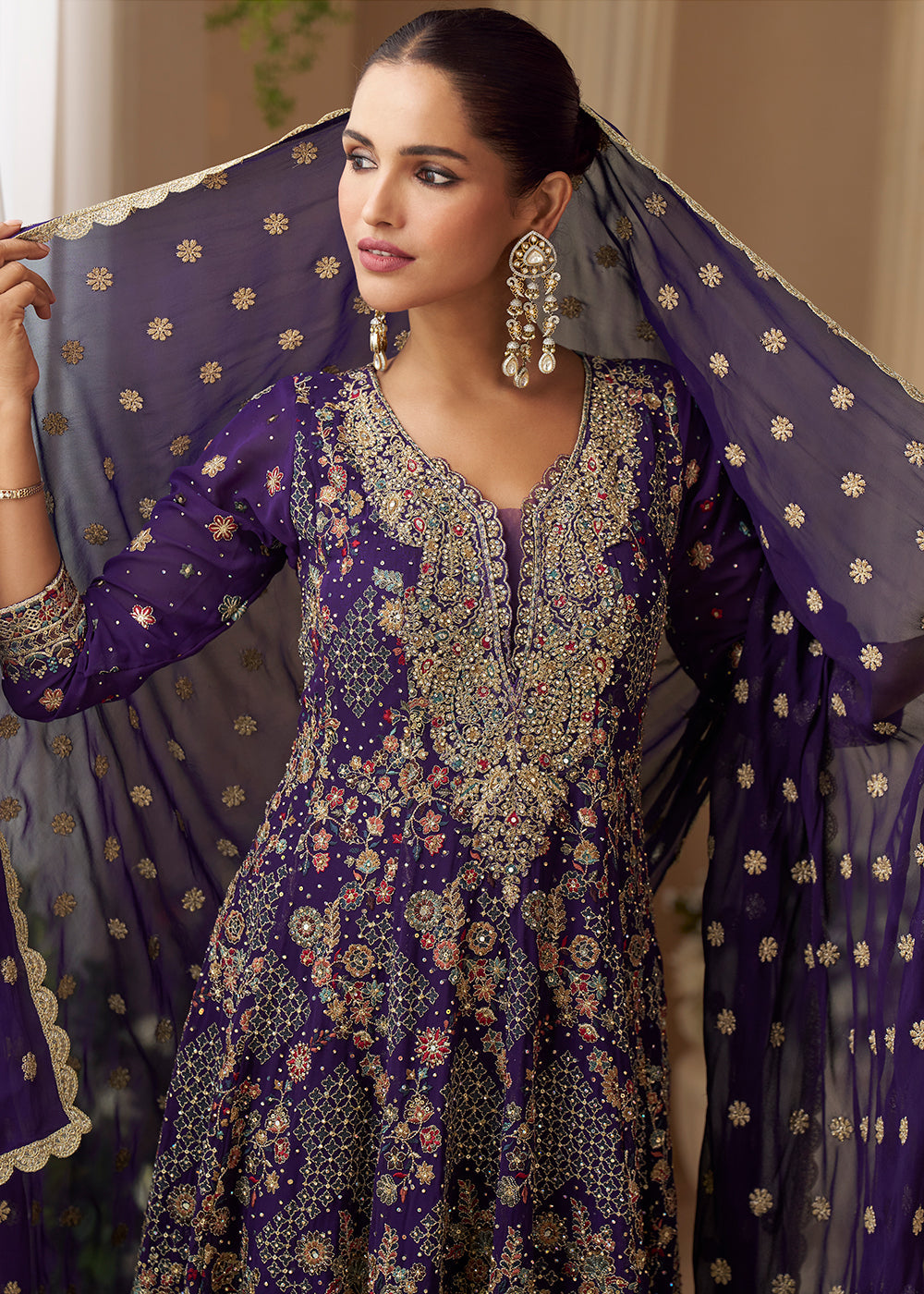 Violet Purple Embroidered Function Wear Palazzo Suit