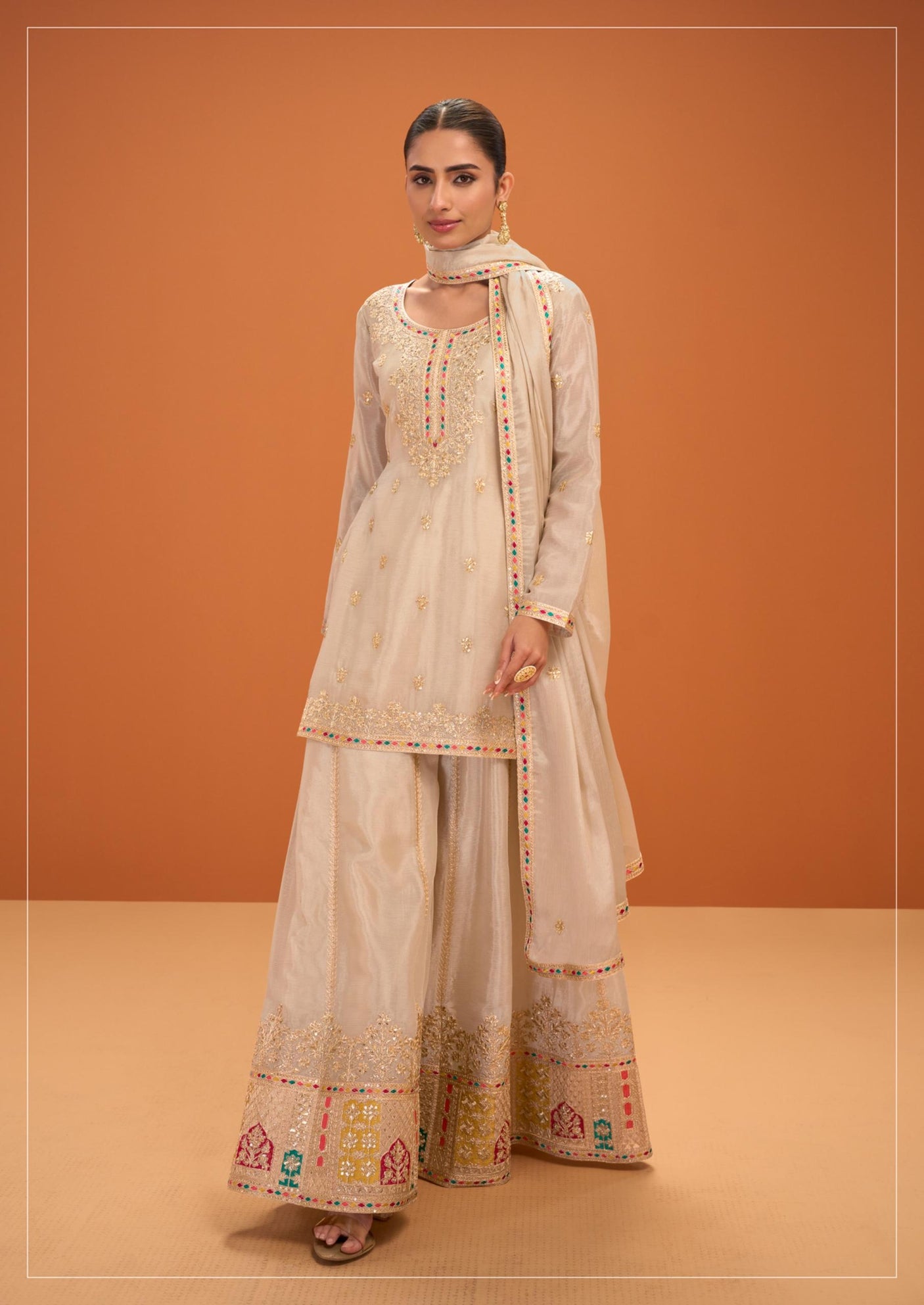 Attractive Cream Chinnon Silk Festive Palazzo Suit