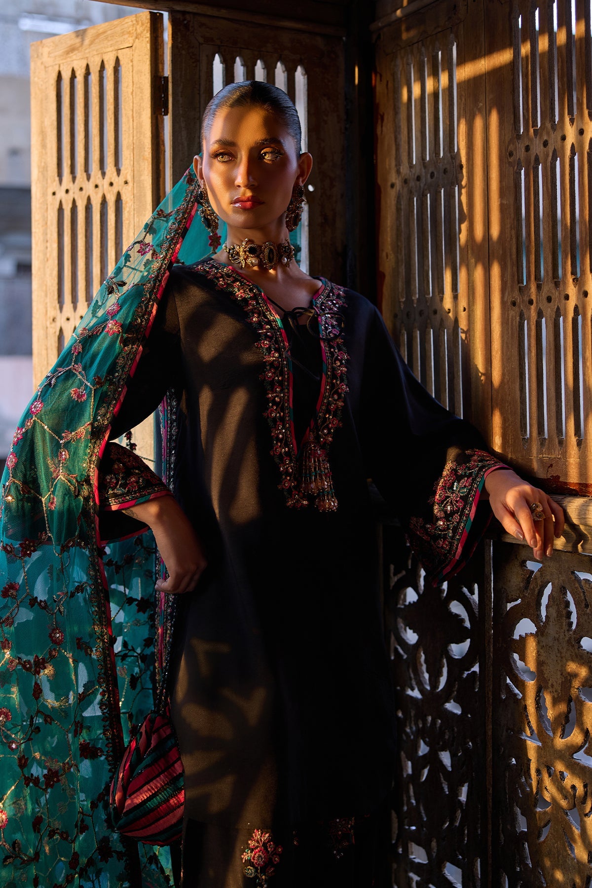 3-PC Embroidered Raw-Silk Suit By Charizma