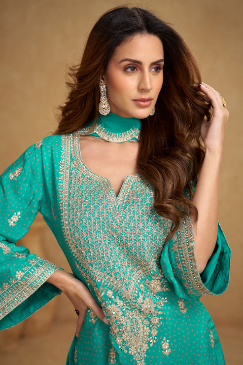 Green Embroidered Chinon Suit