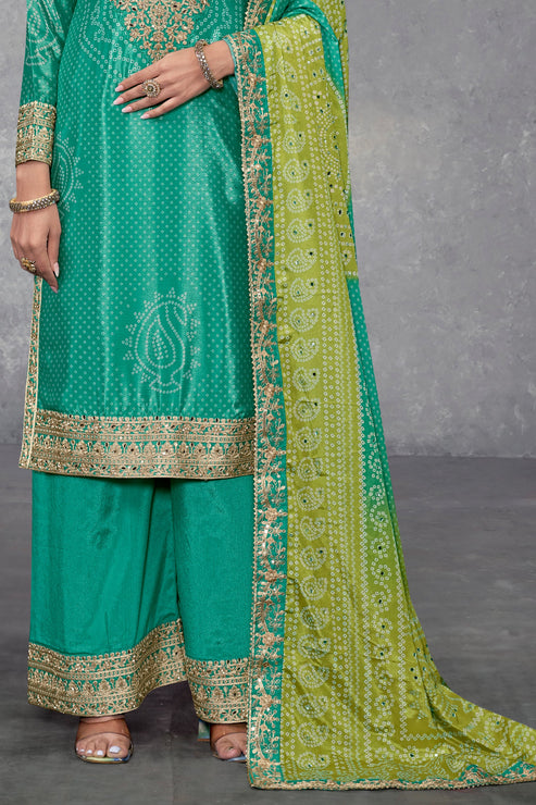 Green Chinon Suit With Bandhej Print
