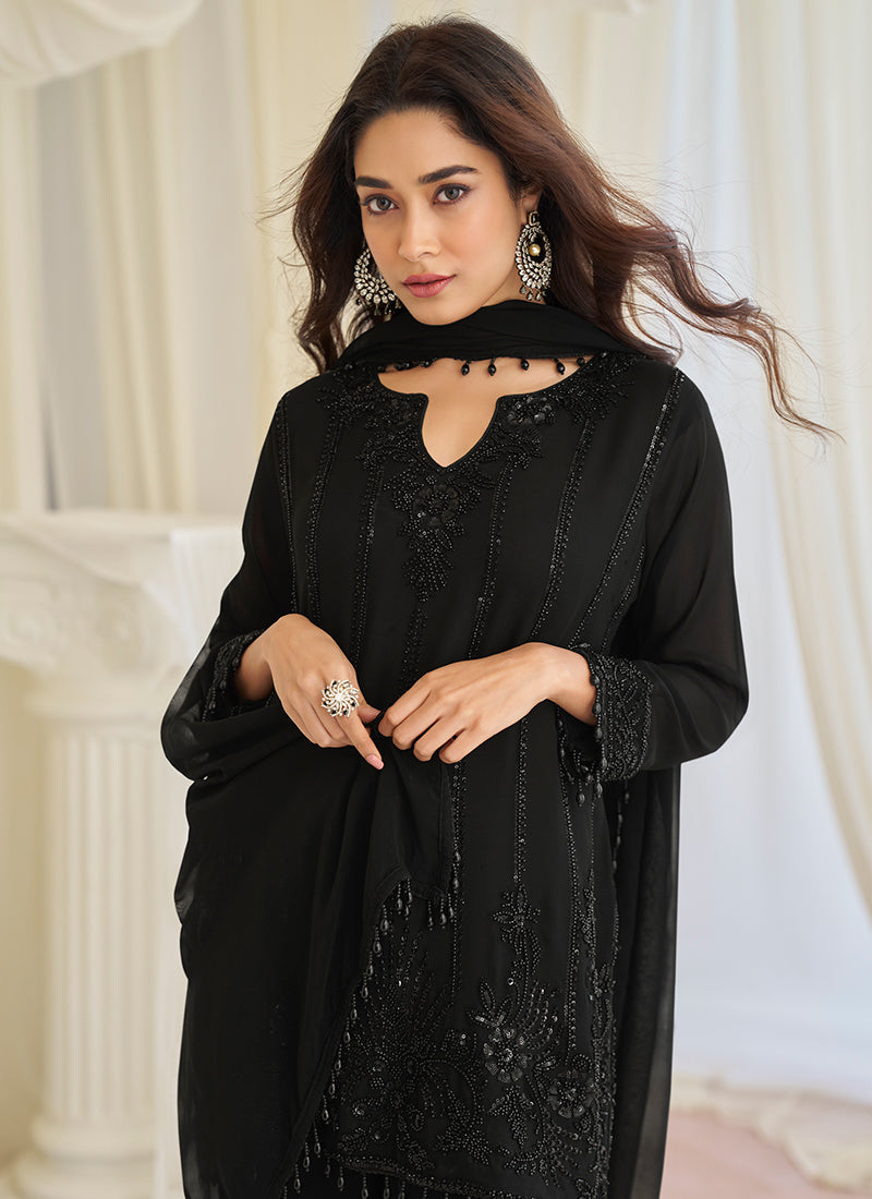 Black Chinon Silk Embroidery Work Festival wear Salwar Suit
