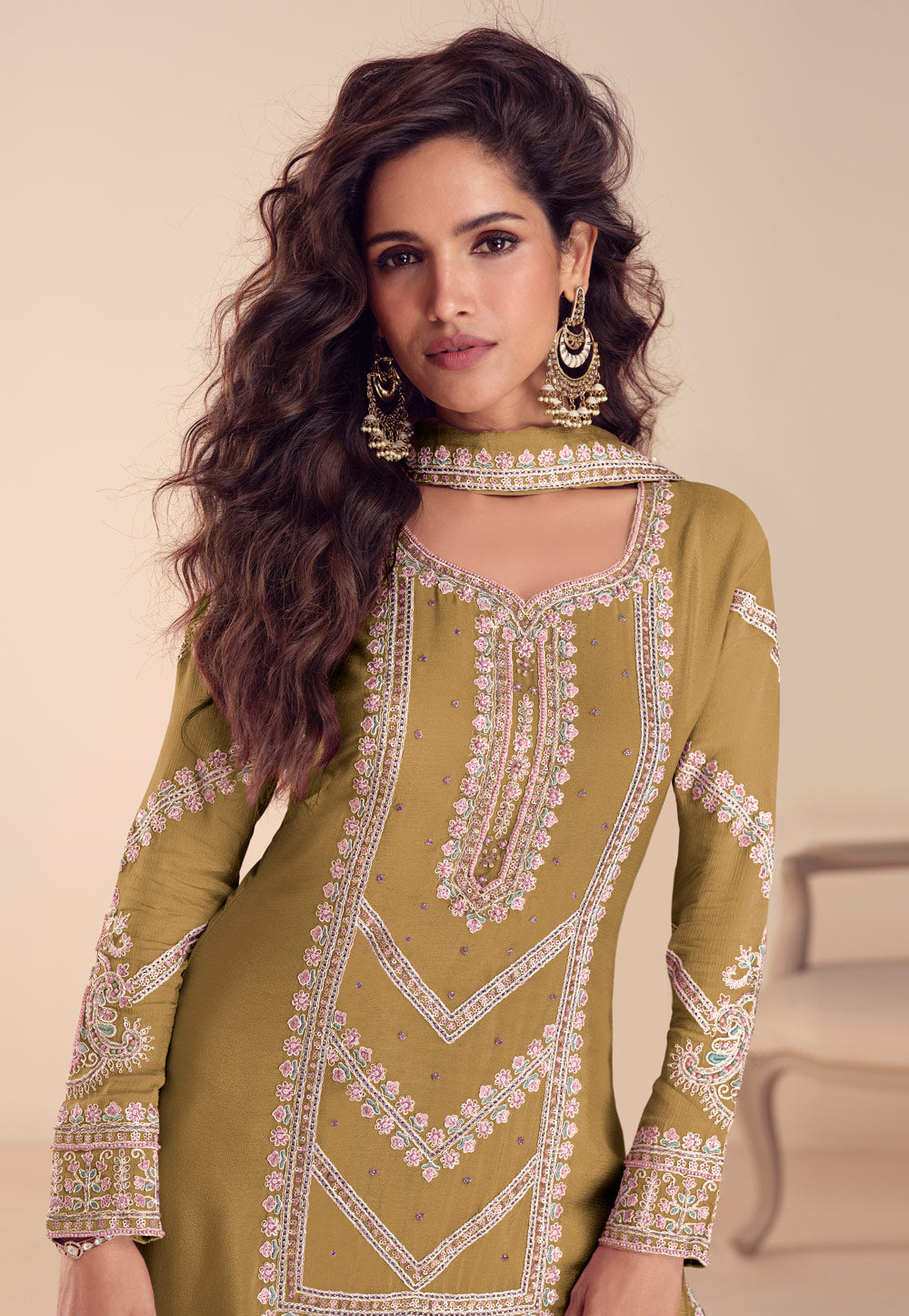 Mehndi Chinon Embroidered Suit