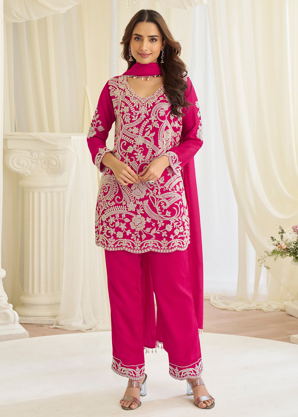 Pink Premium Chinnon Silk & Georgette, Pant Style Salwar Suit