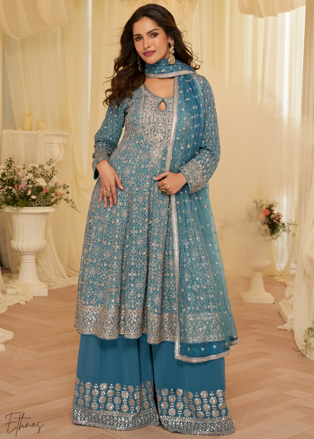 Blue Georgette Anarkali Palazzo Suit