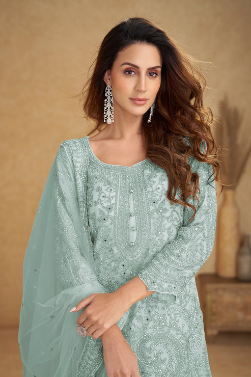Blue Grey Embroidered Luxury Net Suit