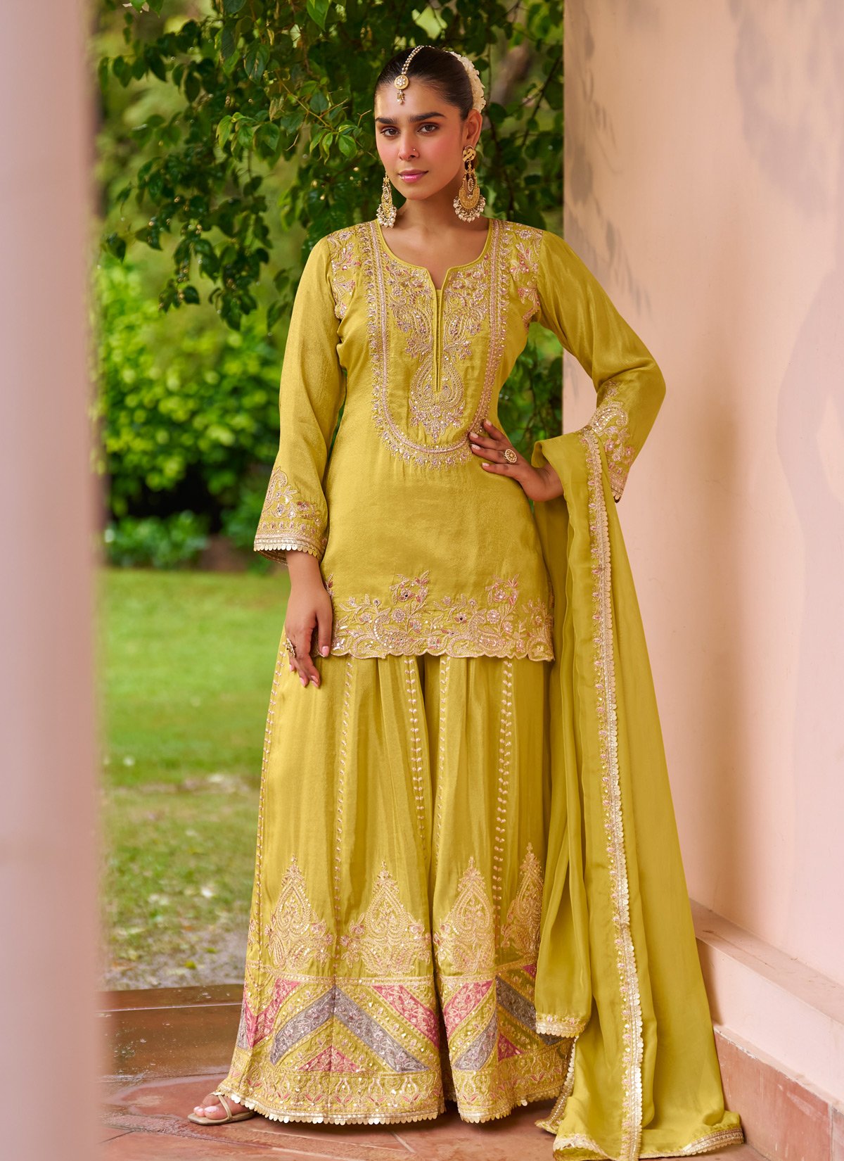 Yellow Embroidered Chinon Sharara Suit