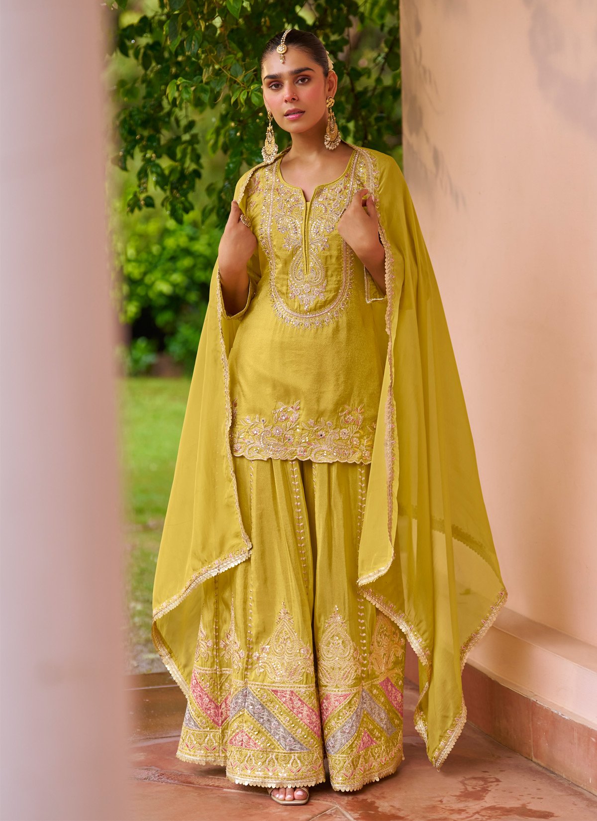 Yellow Embroidered Chinon Sharara Suit