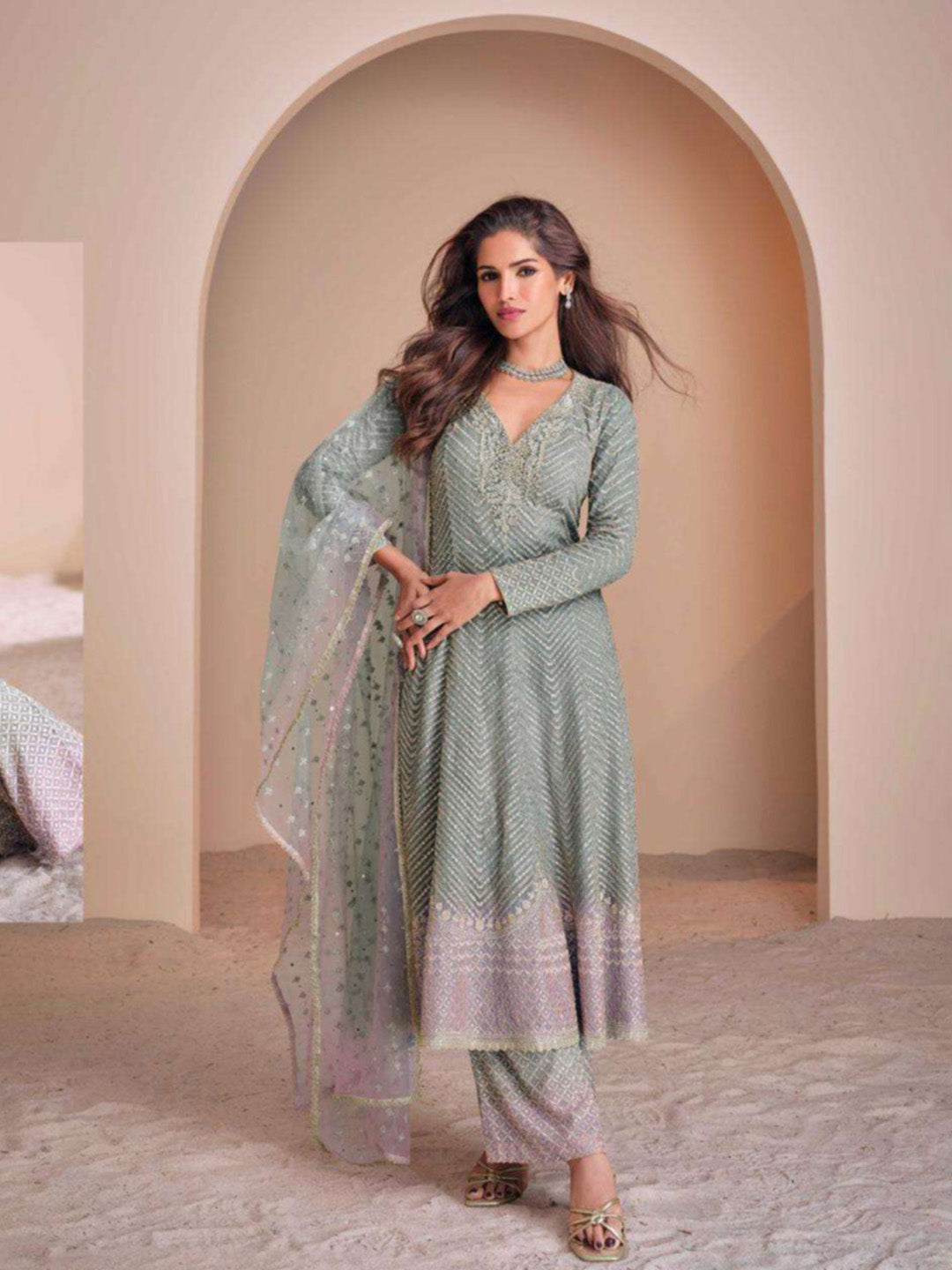 Embroidered Georgette Kurta With Pant & Dupatta