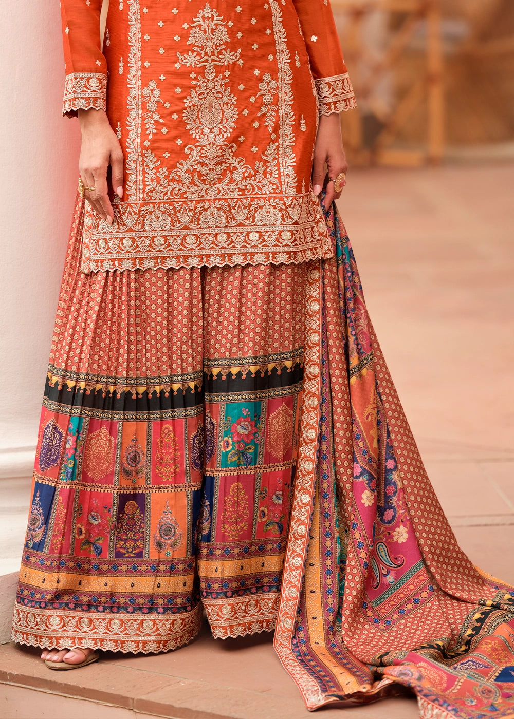 Tiger Orange Embroidered Chinon Silk Kurta