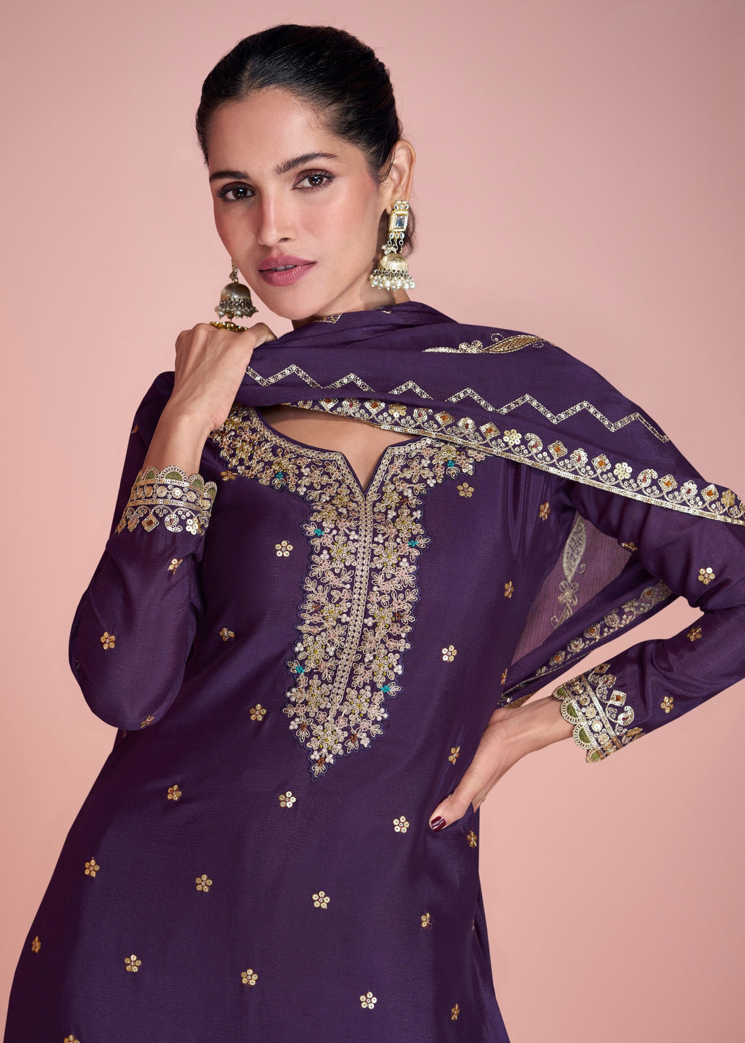 Eggplant Purple Chinon Silk Sharara Suit