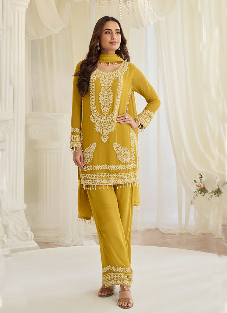 Yellow Handwork Embroidery Pant Style Suit