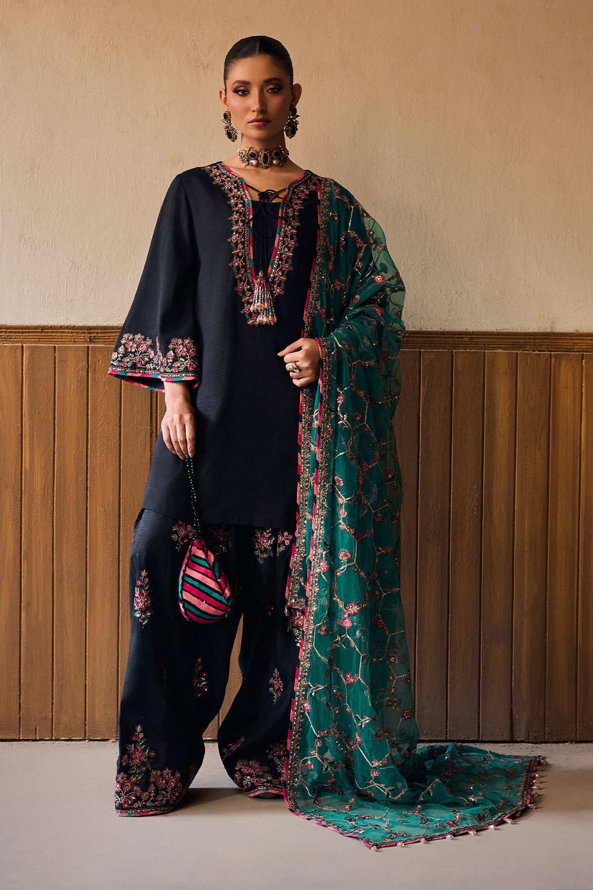3-PC Embroidered Raw-Silk Suit By Charizma