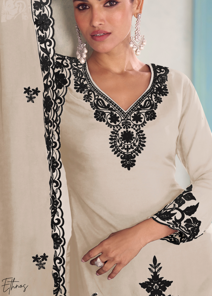 Ivory Chinon Embroidery Palazzo Suit