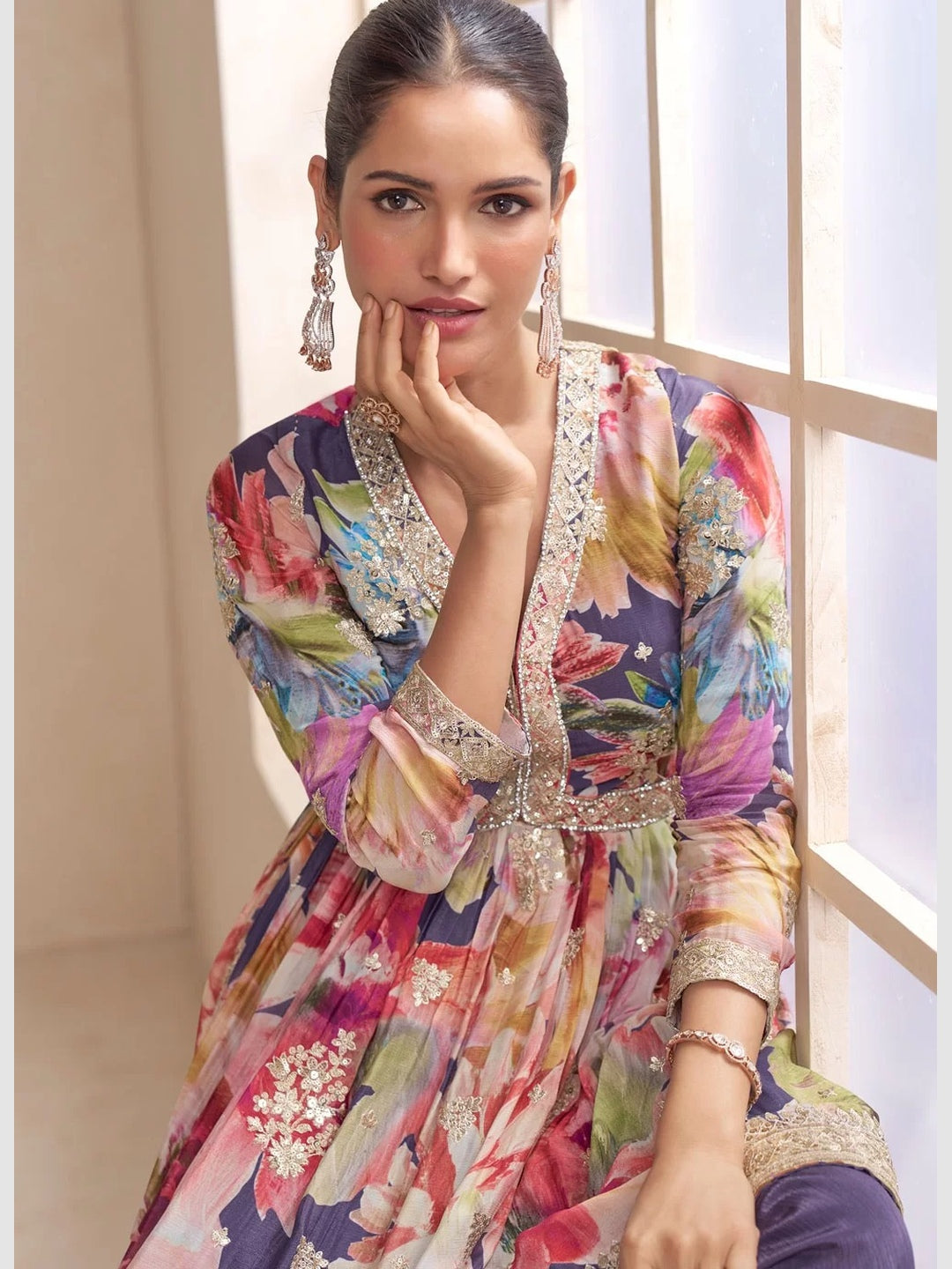 Multicolor Floral Printed Palazzo Premium Festive Wear Salwar Kameez