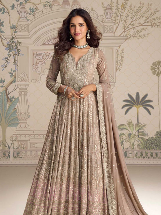 Taupe Brown Embroidered Georgette Anarkali Gown with Dupatta