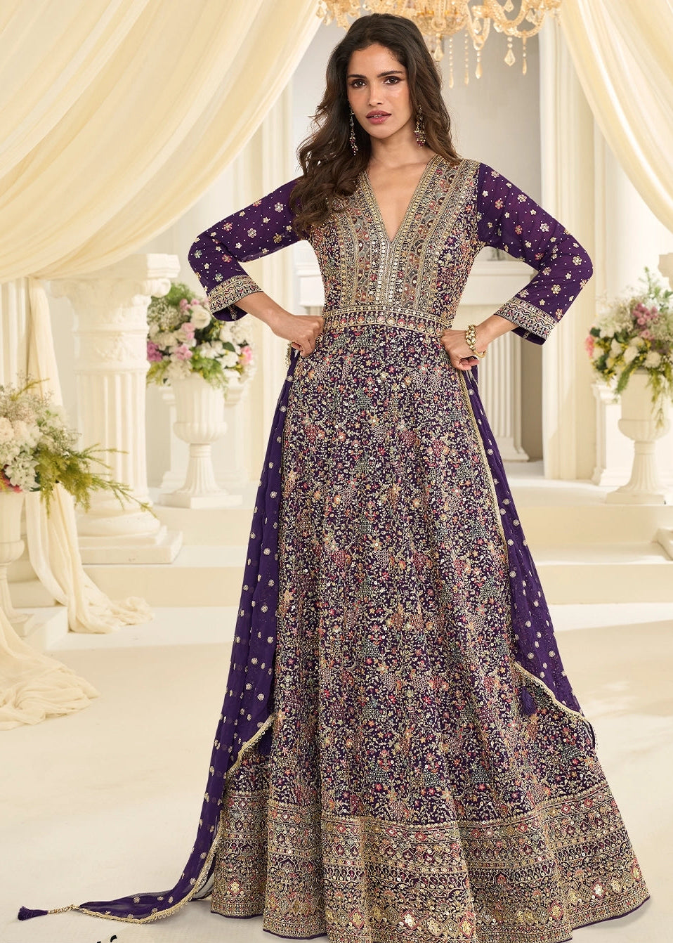 PURPLE GEORGETTE ANARKALI GOWN WITH ALL-OVER ZARKAN EMBROIDERY