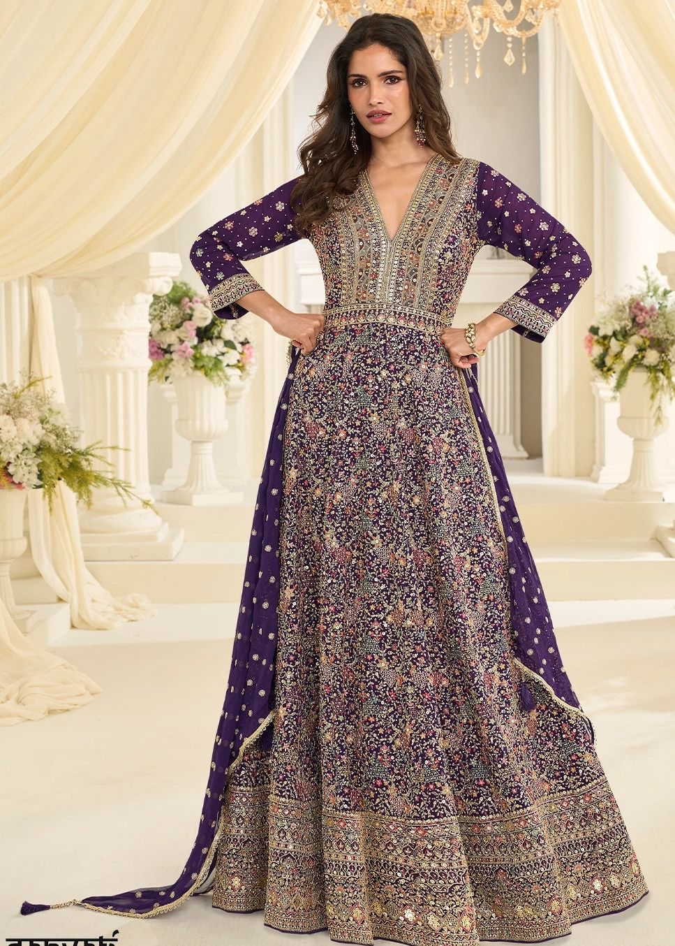 PURPLE GEORGETTE ANARKALI GOWN WITH ALL-OVER ZARKAN EMBROIDERY