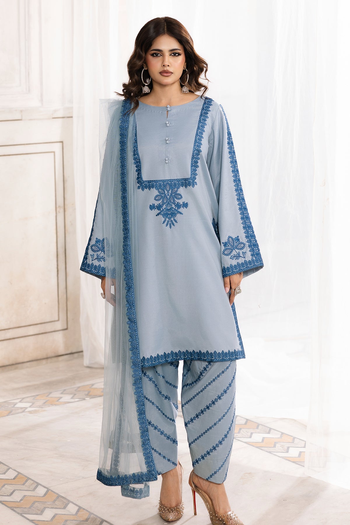 3-PC Embroidered Raw-Silk Suit By Charizma