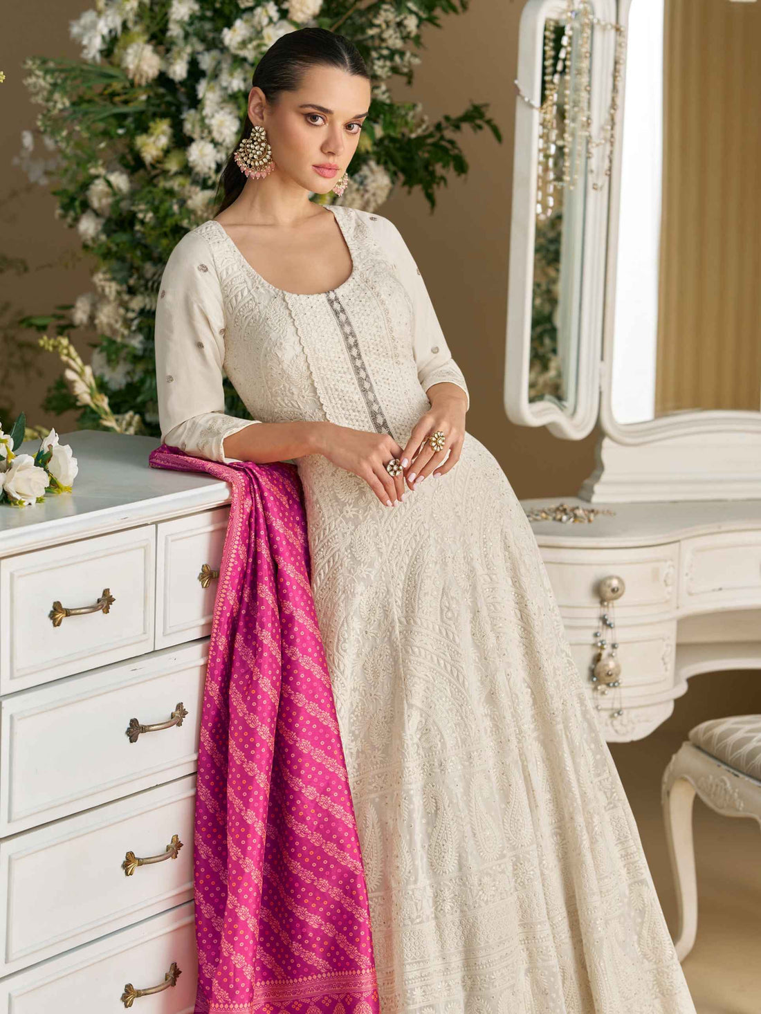 Ivory White Real Georgette Chikankari Anarkali Suit with Dupatta