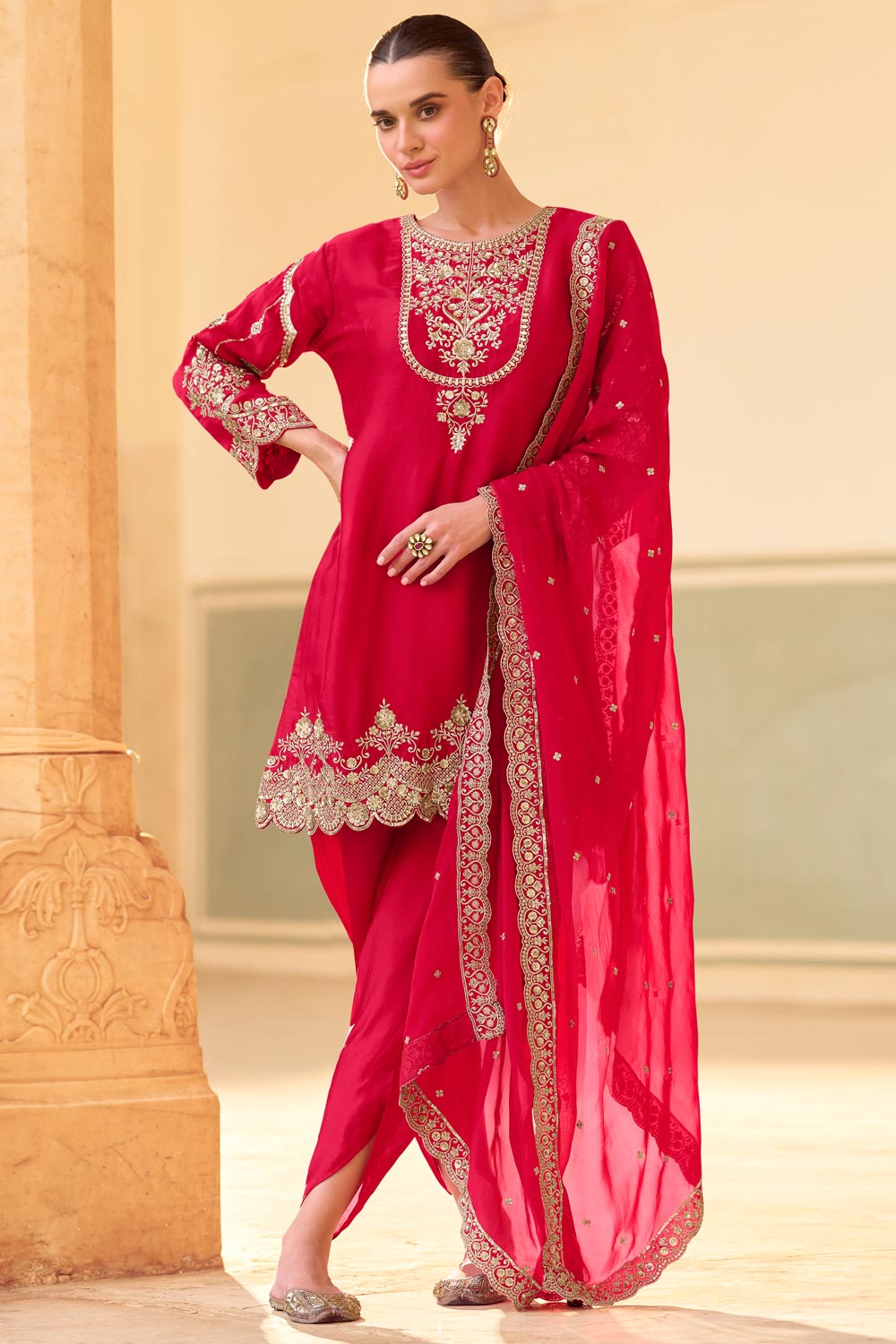 Embroidered Crepe Silk Punjabi Suit in Red