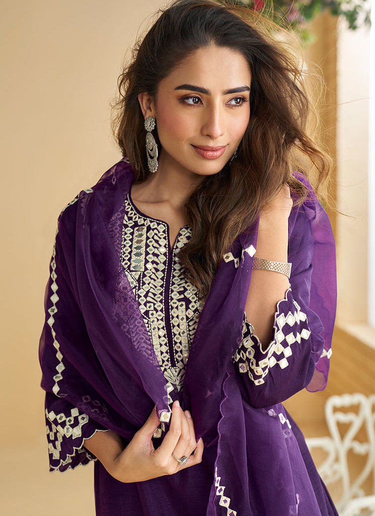 Purple And Cream Mirror Work Embroidery Palazzo Style Suit