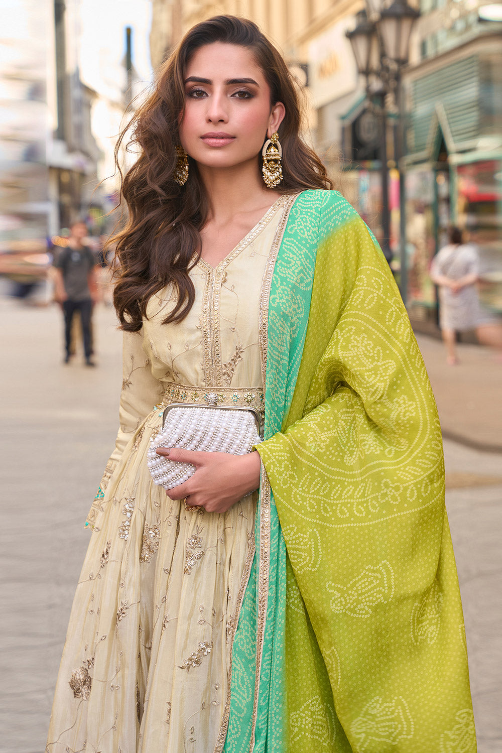 Ivory Soft Tissue Silk Anarkali Dress with Green & Aqua Bandhani Dupatta