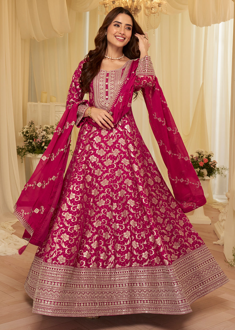 Pink Viscose Jacquard Silk With Embroidery Work Anarkali Suit