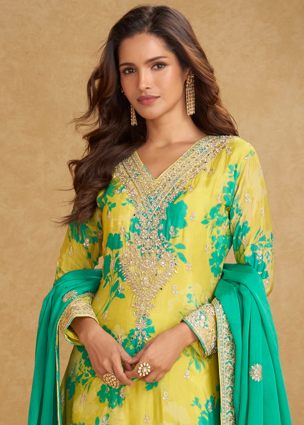 Lemon Yellow Chinon Silk With Palazzo Suit
