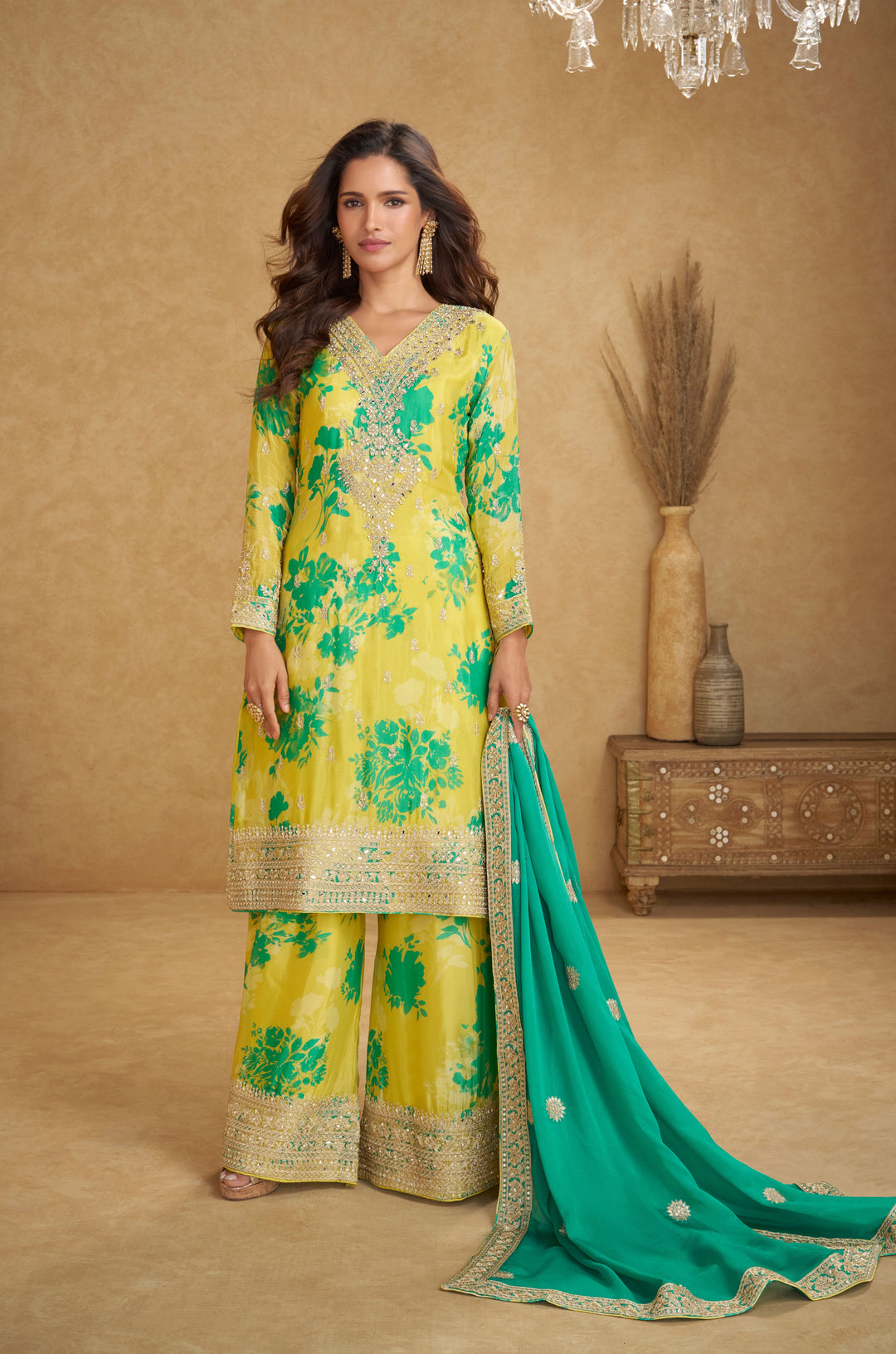 Lemon Yellow Chinon Silk With Palazzo Suit