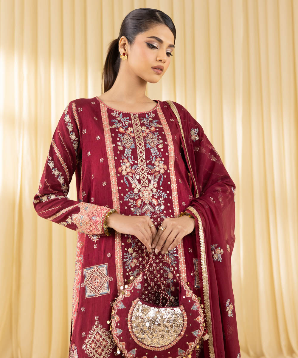 3 Piece - Embroidered Raw Silk Suit by Sapphire