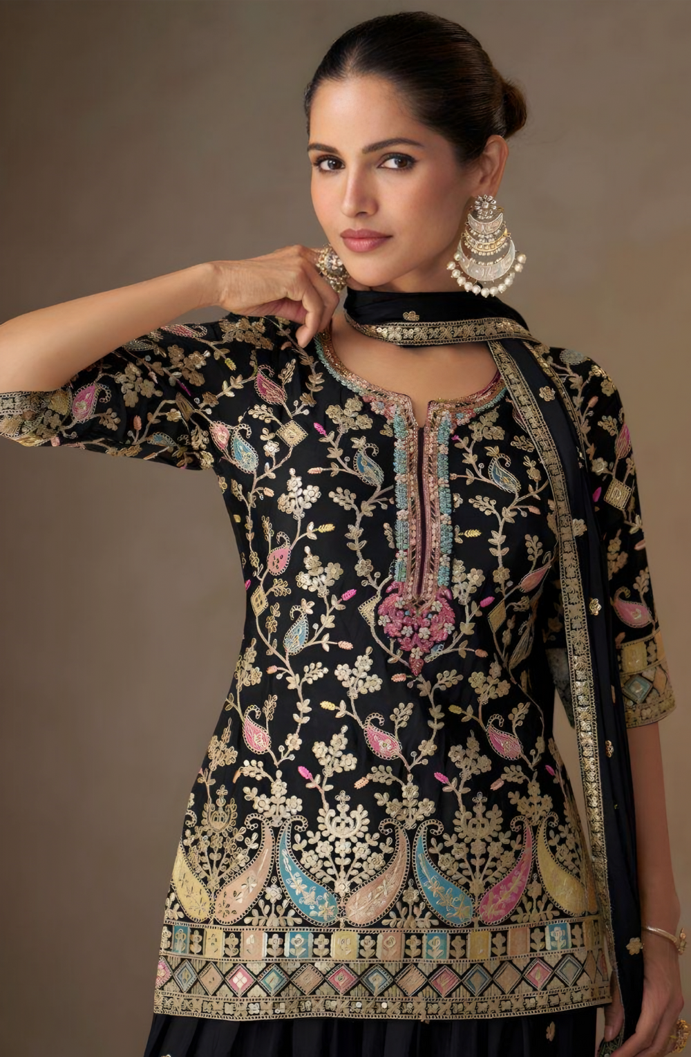 Luxury Black Chinon Embroidered Suit