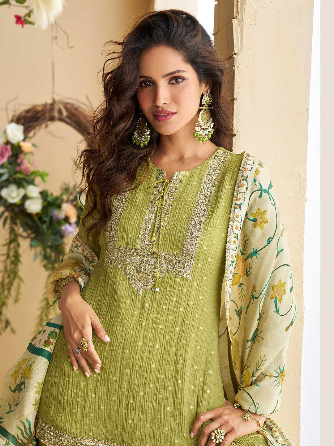 Embroidered Chinnon Kurta With Plazzo & Dupatta