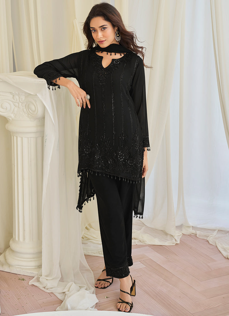 Black Chinon Silk Embroidery Work Festival wear Salwar Suit