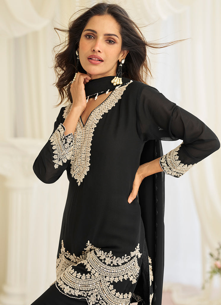 Black Handwork Embroidered Pant Style Suit