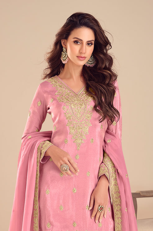 Pink Embroidered Simar Silk Suit
