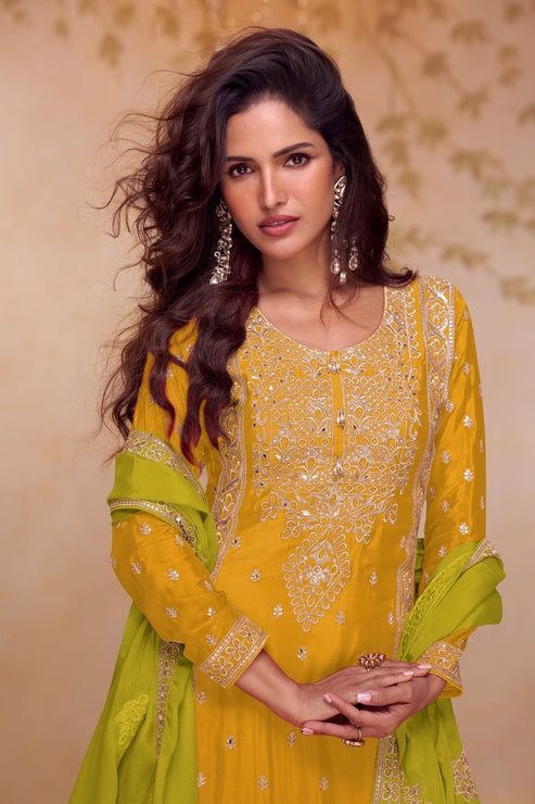 Yellow Chinon Embroidered Suit