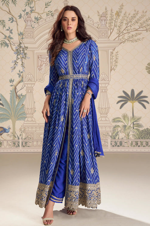 Blue Embroidered Chinon Silk Suit