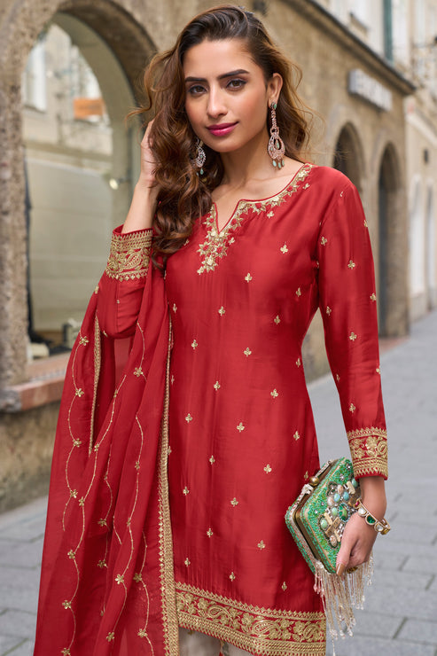 Red Embroidered Chinon Suit