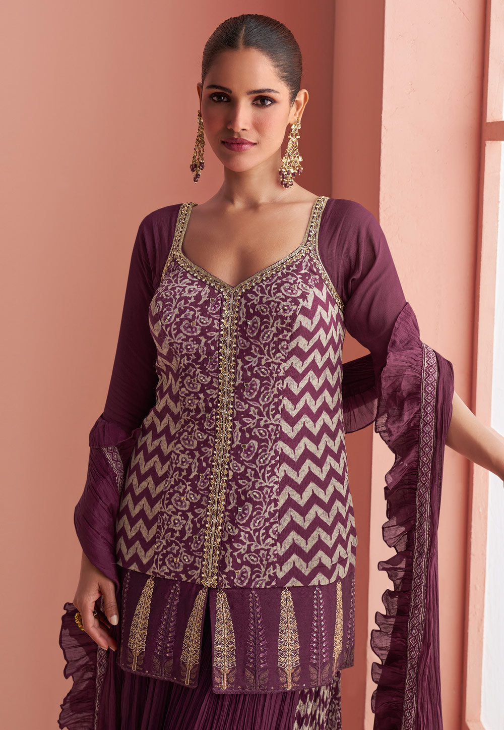 Wine Chinon Silk Palazzo Suit By Sayuri