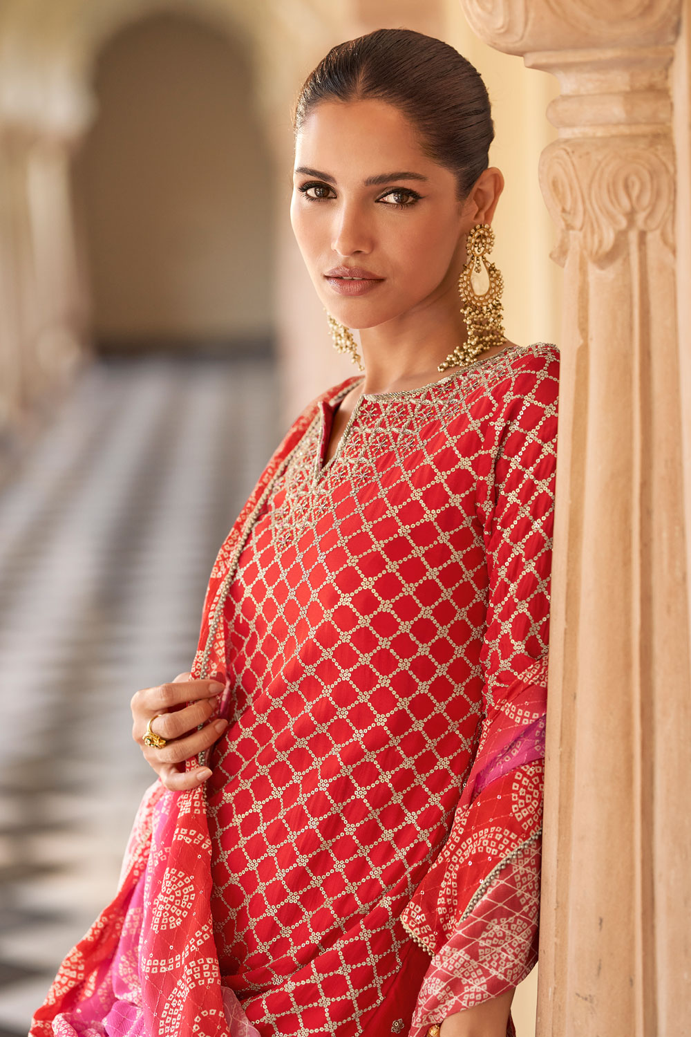 Red Chinon Silk Embroidered & Printed Sharara Kurta Set