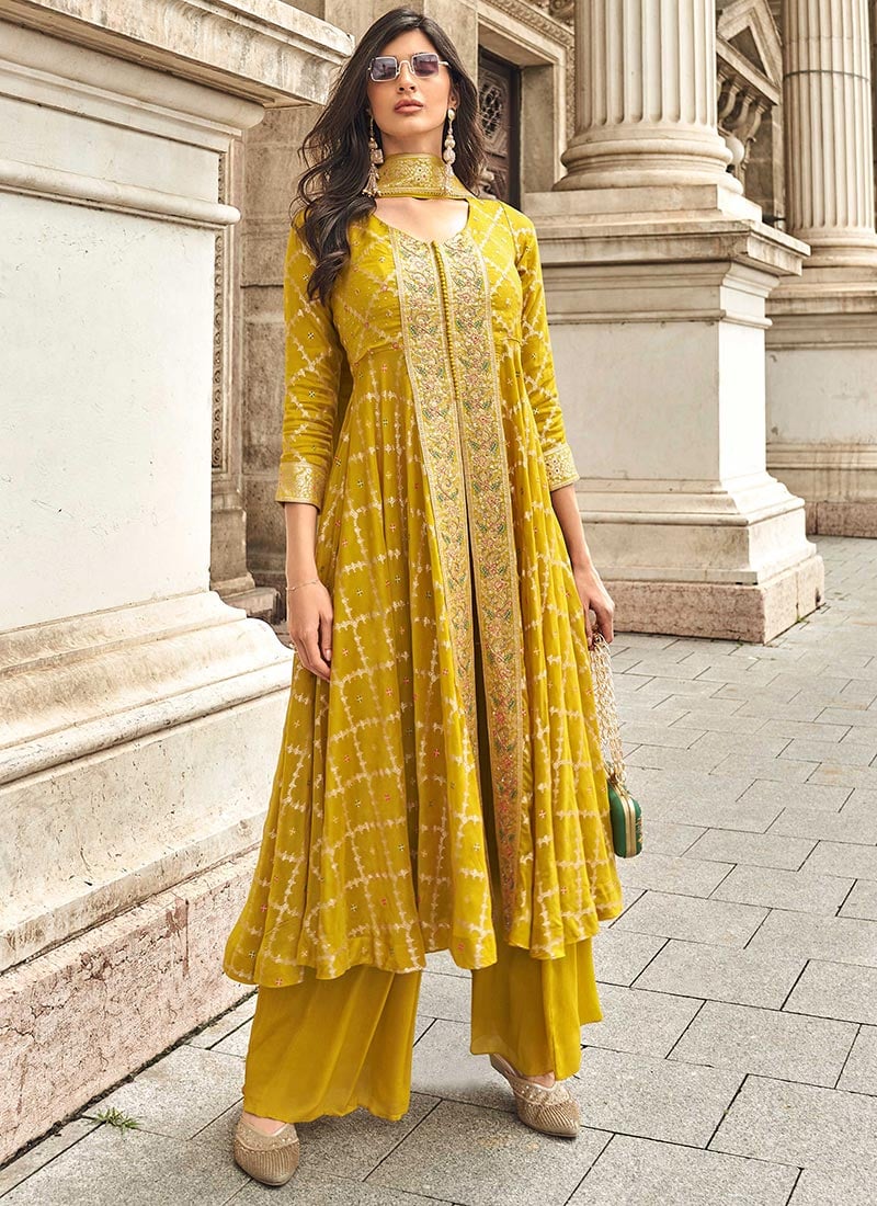 Mustard Jacquard Silk Embroidered High Slit Palazzo Suit Wedding Wear