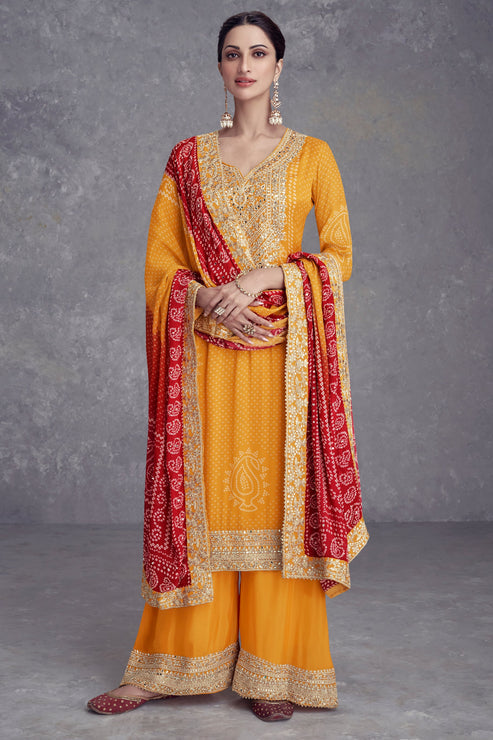 Yellow Chinon Suit With Bandhej Print