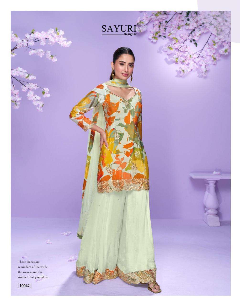 Orange & Green Floral Chinon Palazzo Suit with Dupatta