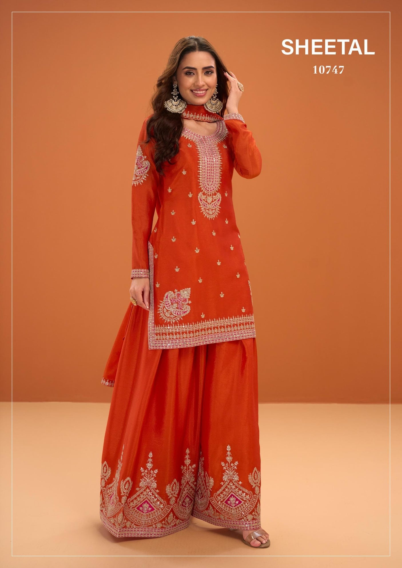 Attractive Orange Chinnon Silk Festive Palazzo Suit