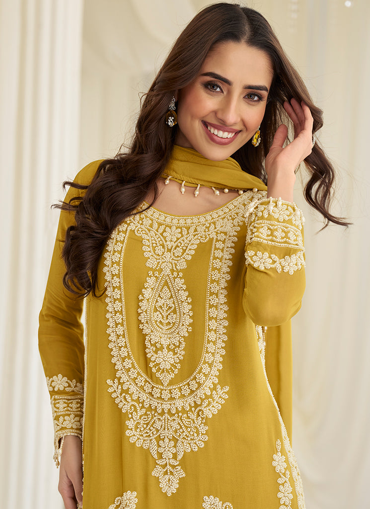 Yellow Handwork Embroidery Pant Style Suit