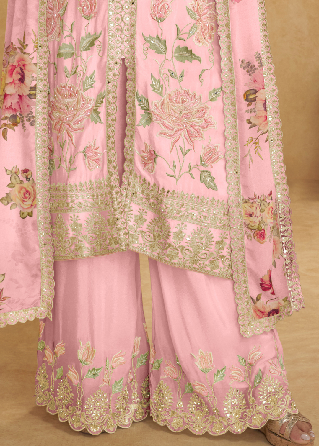 Chinon Palazzo Salwar Suit In Pink Color