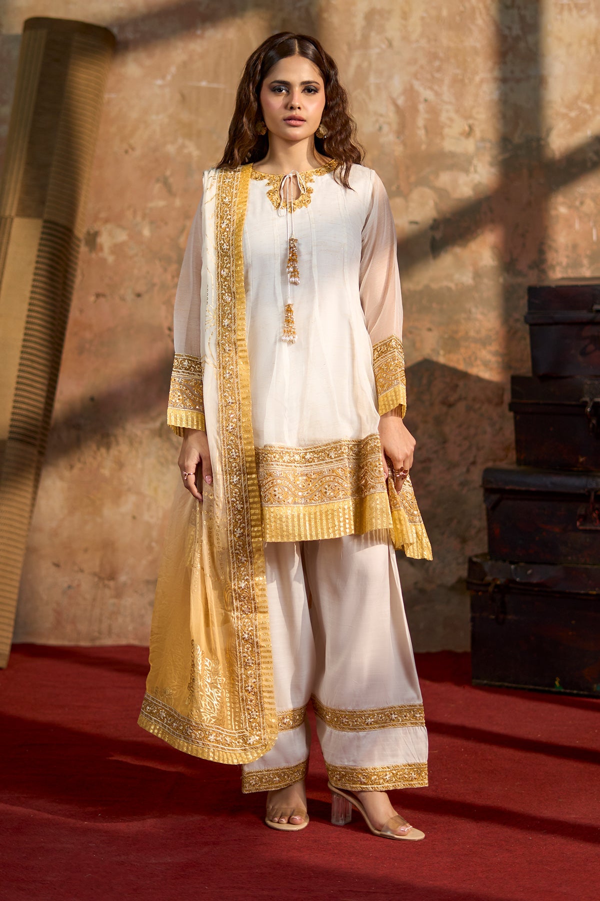 3-PC Embroidered Raw-Silk Suit By Charizma