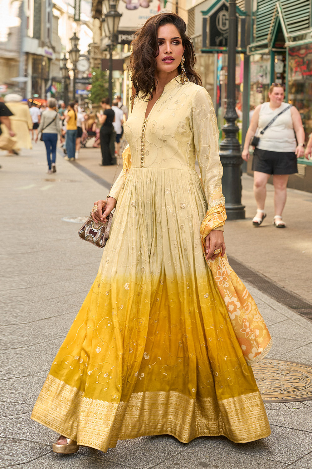 Deep Ivory & Yellow Mustard Ombre Tissue Silk Anarkali Dress with Yellow Floral Dupatta