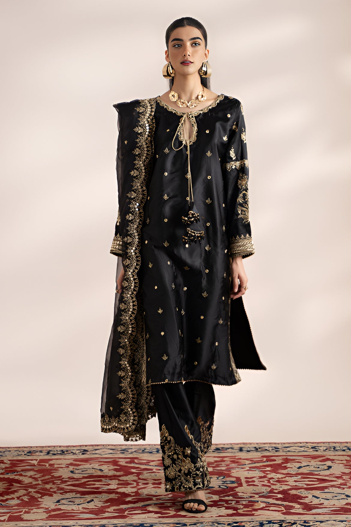 3-PC Embroidered Raw-Silk Suit by Charizma